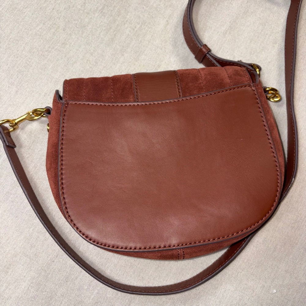 American Leather Co Mahogany Brown Suede Leather Quilted Crossbody Saddle Bag - Picture 8 of 11